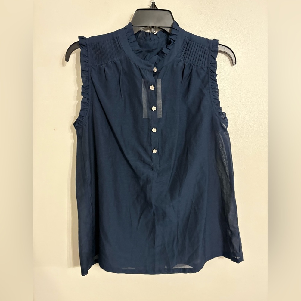 Biltmore Sleeveless Navy Ruffle-Trim Blouse Decorative Buttons NWT SIZE SMALL